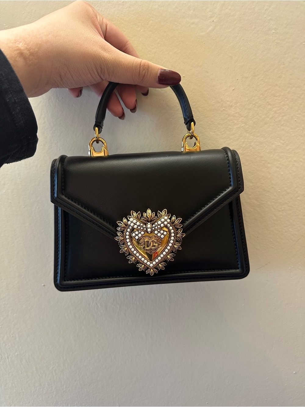 Dolce & Gabbana devotion Black Mini Top-Handle Bag with Gold Heart Emblem